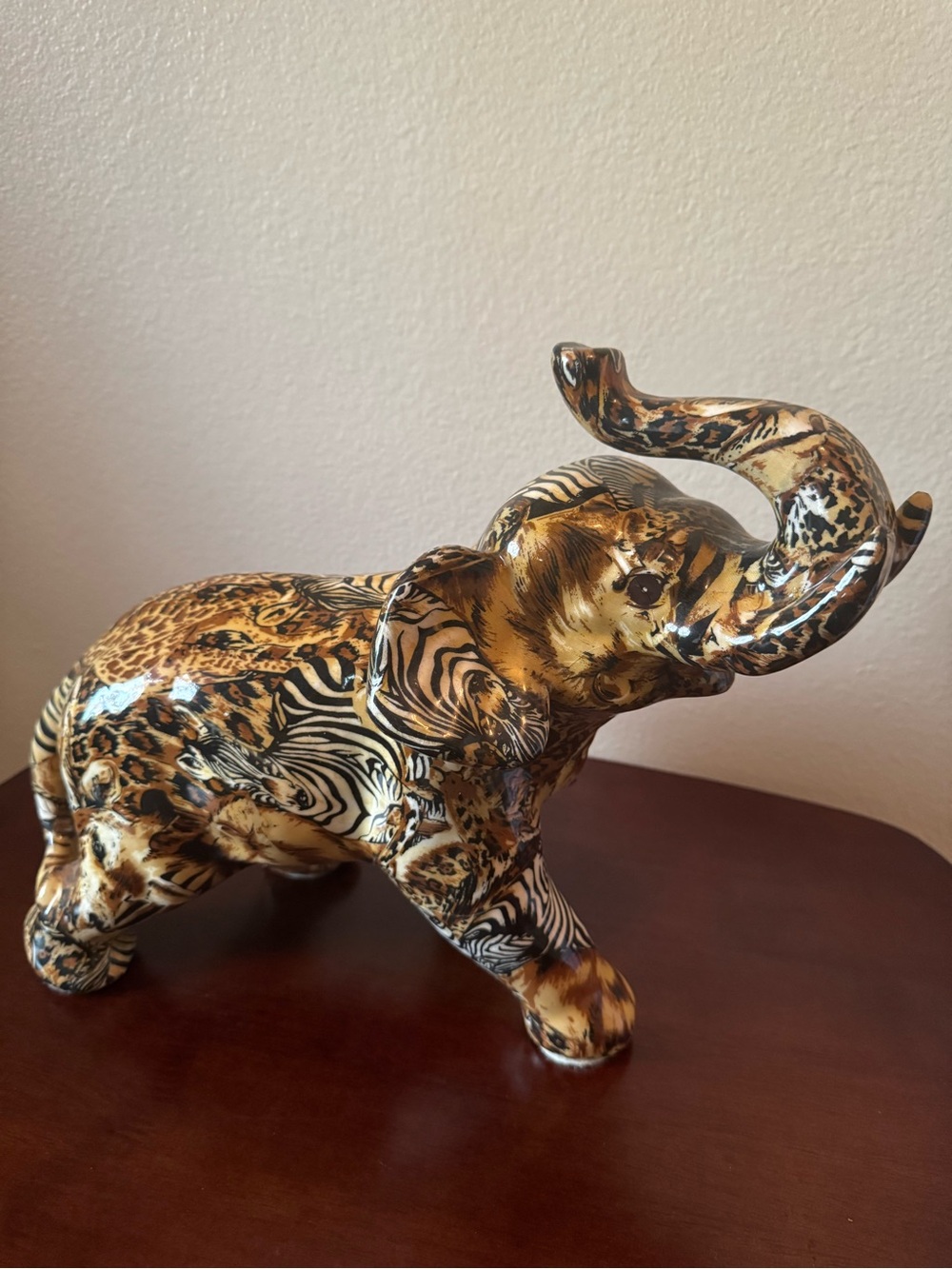Vintage La Vie Safari Patchwork Ceramic Elephant Figurine - Glazed